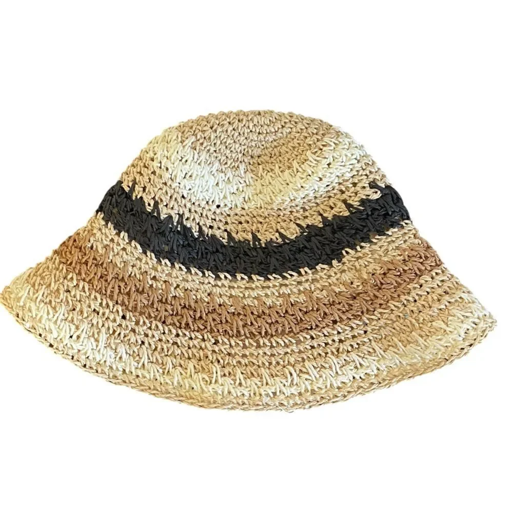 Crochet Stripe Beige Black Ivory Bucket Hat NWT